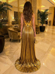 A Line Strapless Acrylic Floor Length Elegant Formal Evening Dresses with Split Side