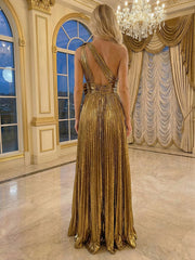 A Line One Shoulder Bow Floor Length Formal Evening Dresses with Pleats