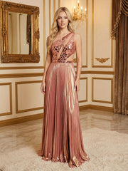 A Line One-Shoulder Acrylic Floor Length Pleated Chic Formal Evening Dresses with Cut Out