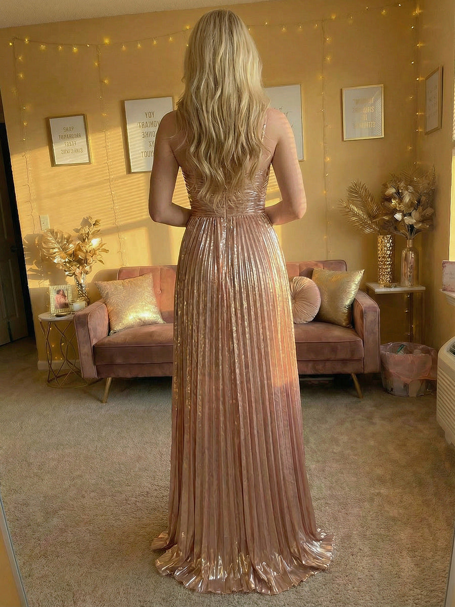 A Line Spaghetti Straps Metallic Long Ruched Formal Evening Dresses with Pleats
