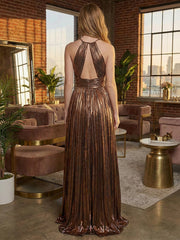 A Line Halter Neck Simple Metallic Long Formal Evening Dresses with Pleats