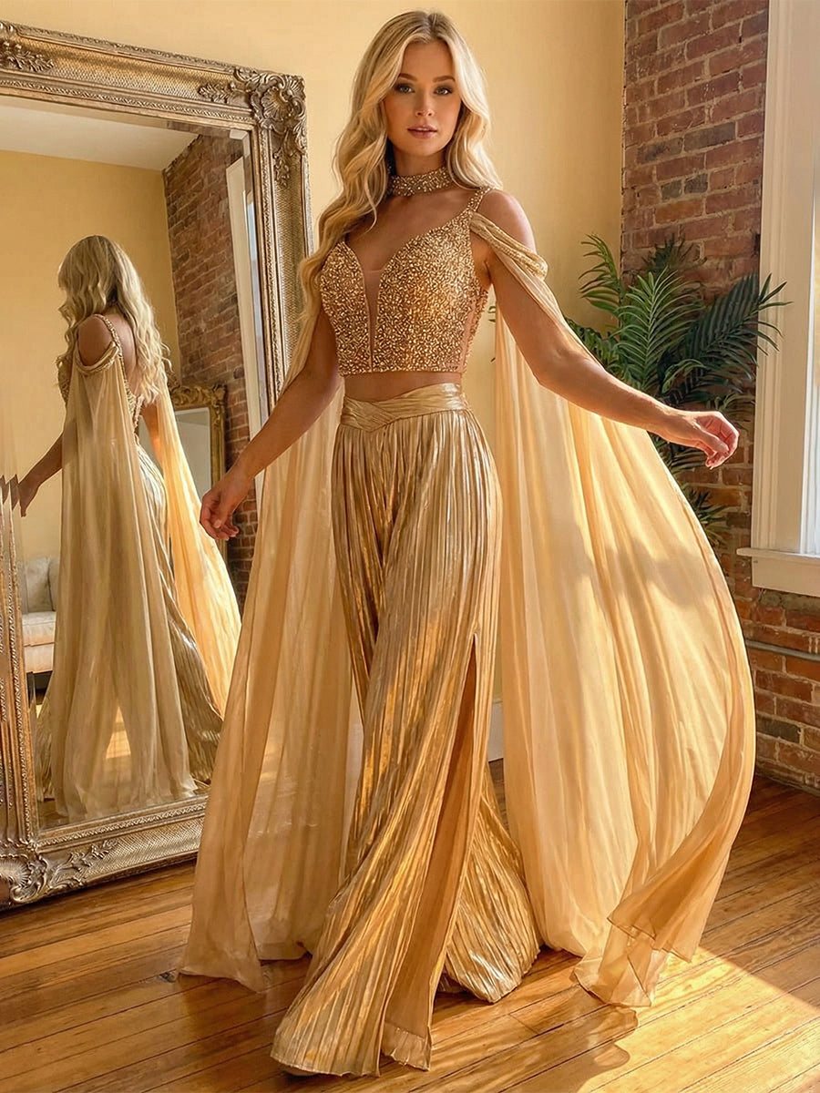 2 Piece Metallic Pantsuits Cold Shoulder Long Elegant Evening Dresses with Cape