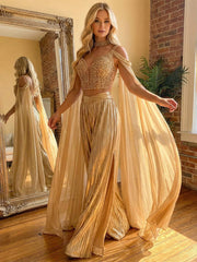 2 Piece Metallic Pantsuits Cold Shoulder Long Elegant Evening Dresses with Cape