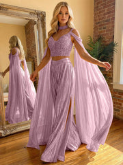 2 Piece Metallic Pantsuits Cold Shoulder Long Elegant Evening Dresses with Cape