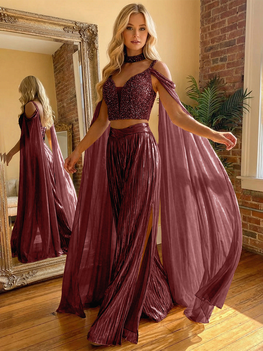 2 Piece Metallic Pantsuits Cold Shoulder Long Elegant Evening Dresses with Cape