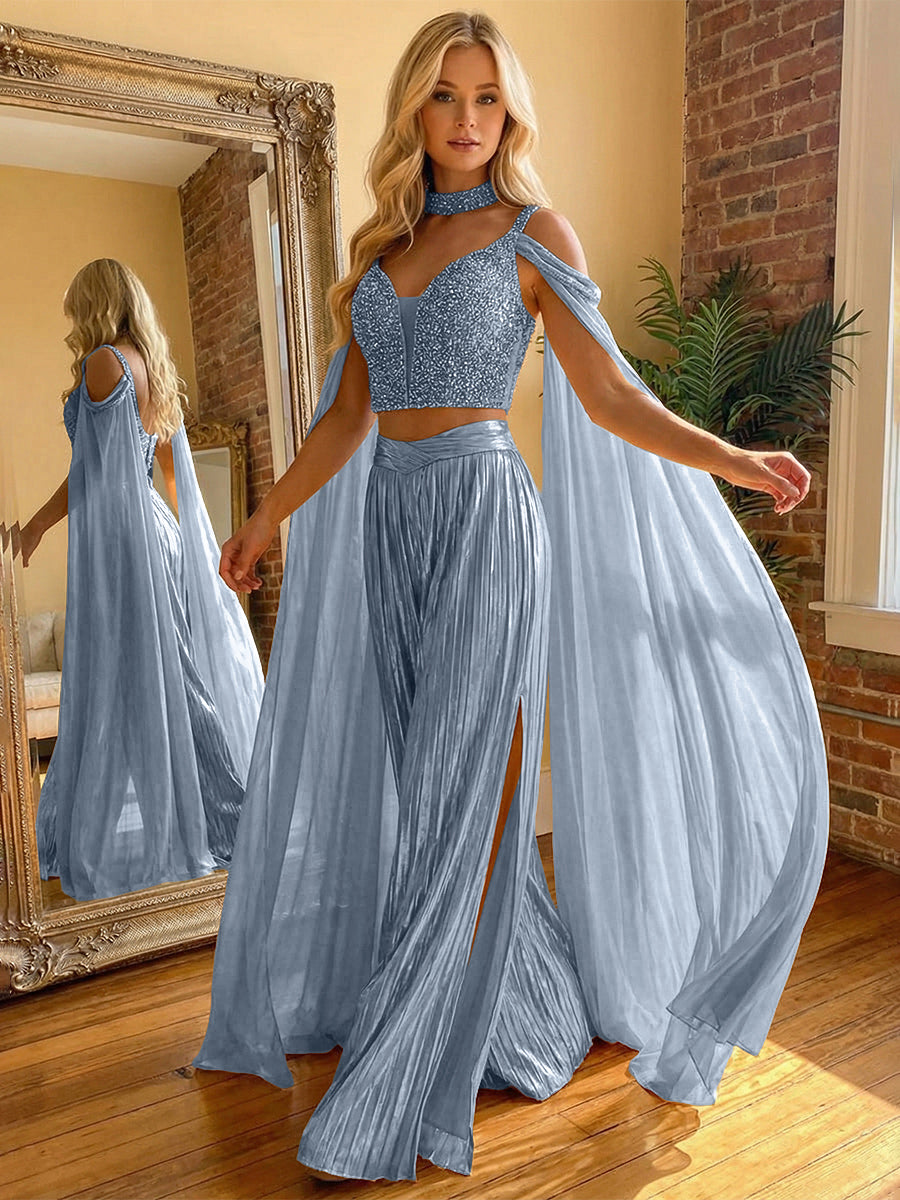 2 Piece Metallic Pantsuits Cold Shoulder Long Elegant Evening Dresses with Cape