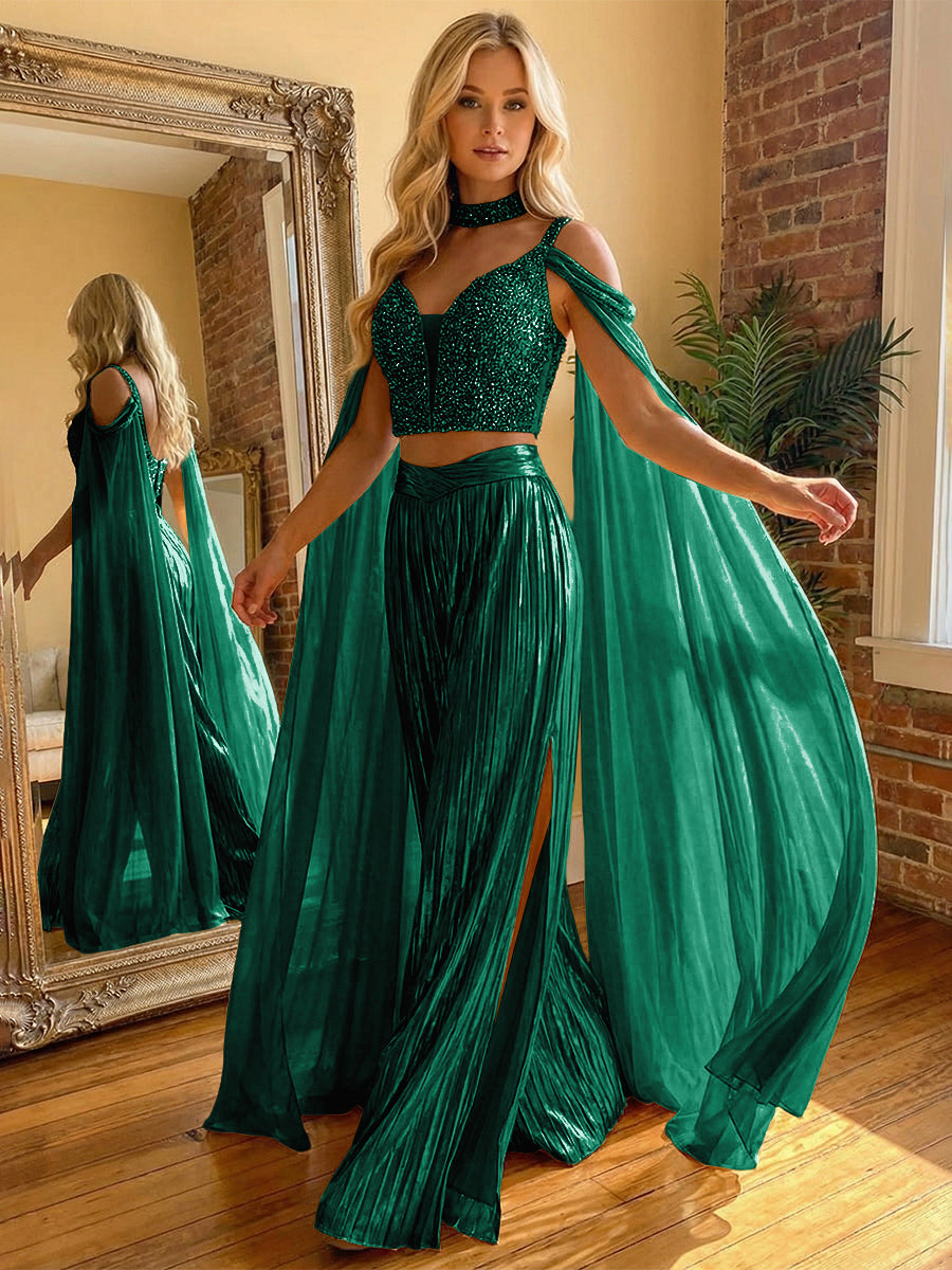 2 Piece Metallic Pantsuits Cold Shoulder Long Elegant Evening Dresses with Cape