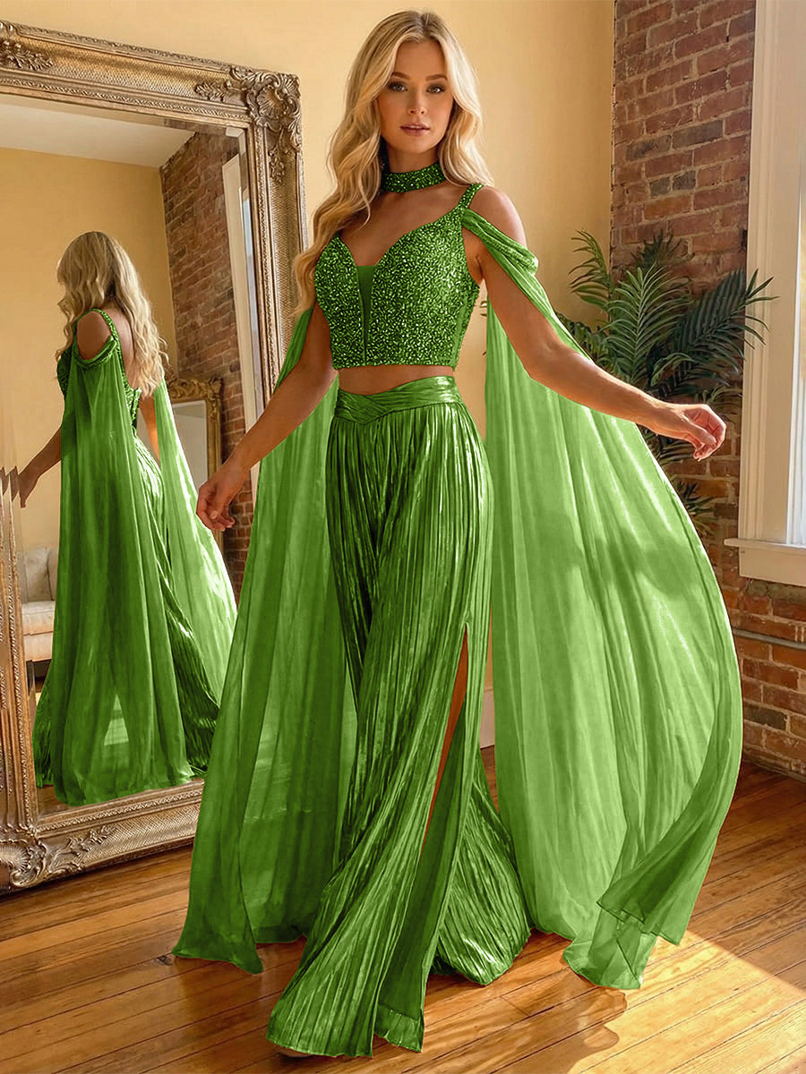 2 Piece Metallic Pantsuits Cold Shoulder Long Elegant Evening Dresses with Cape