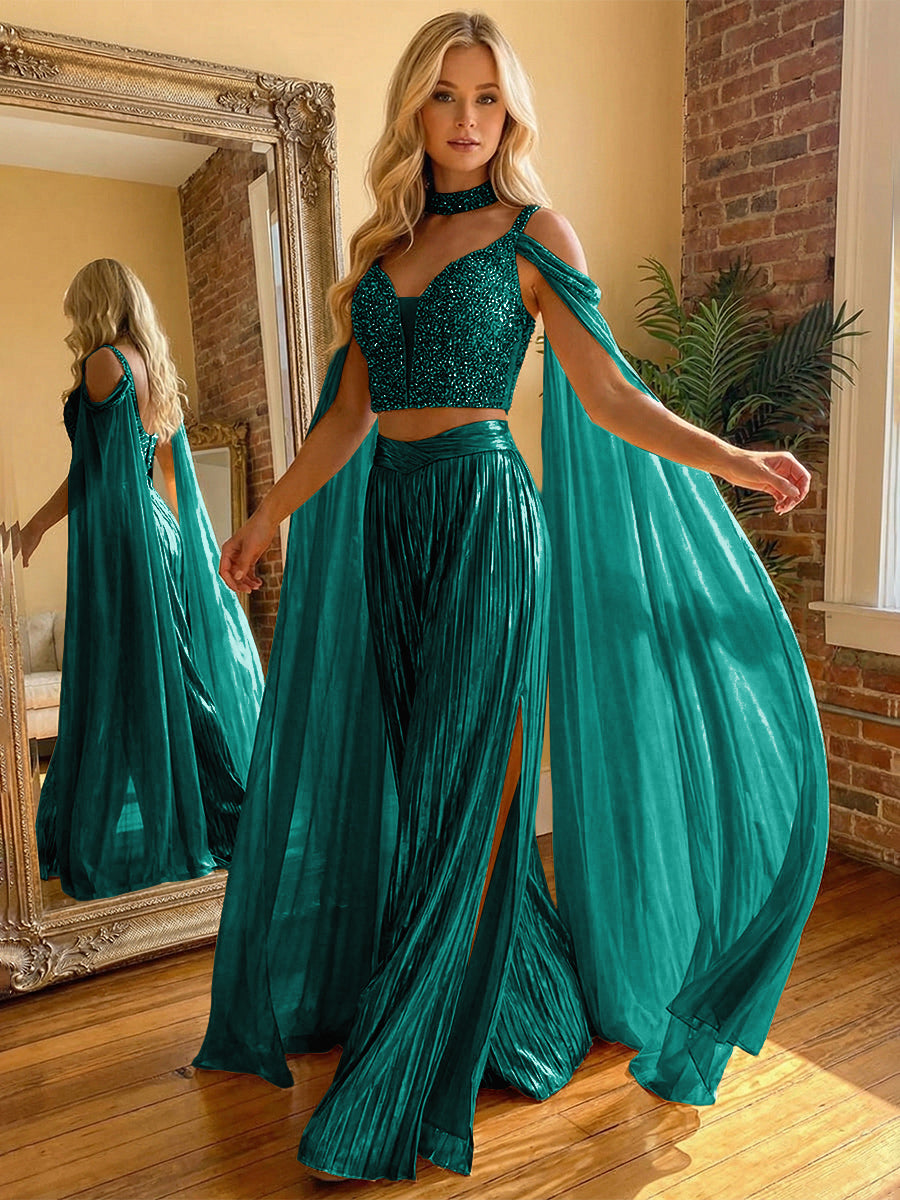 2 Piece Metallic Pantsuits Cold Shoulder Long Elegant Evening Dresses with Cape