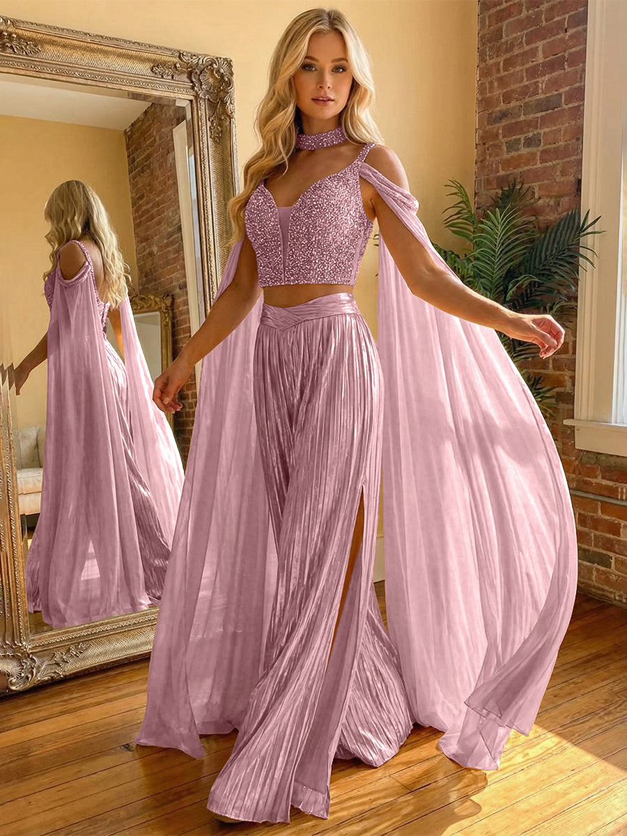 2 Piece Metallic Pantsuits Cold Shoulder Long Elegant Evening Dresses with Cape