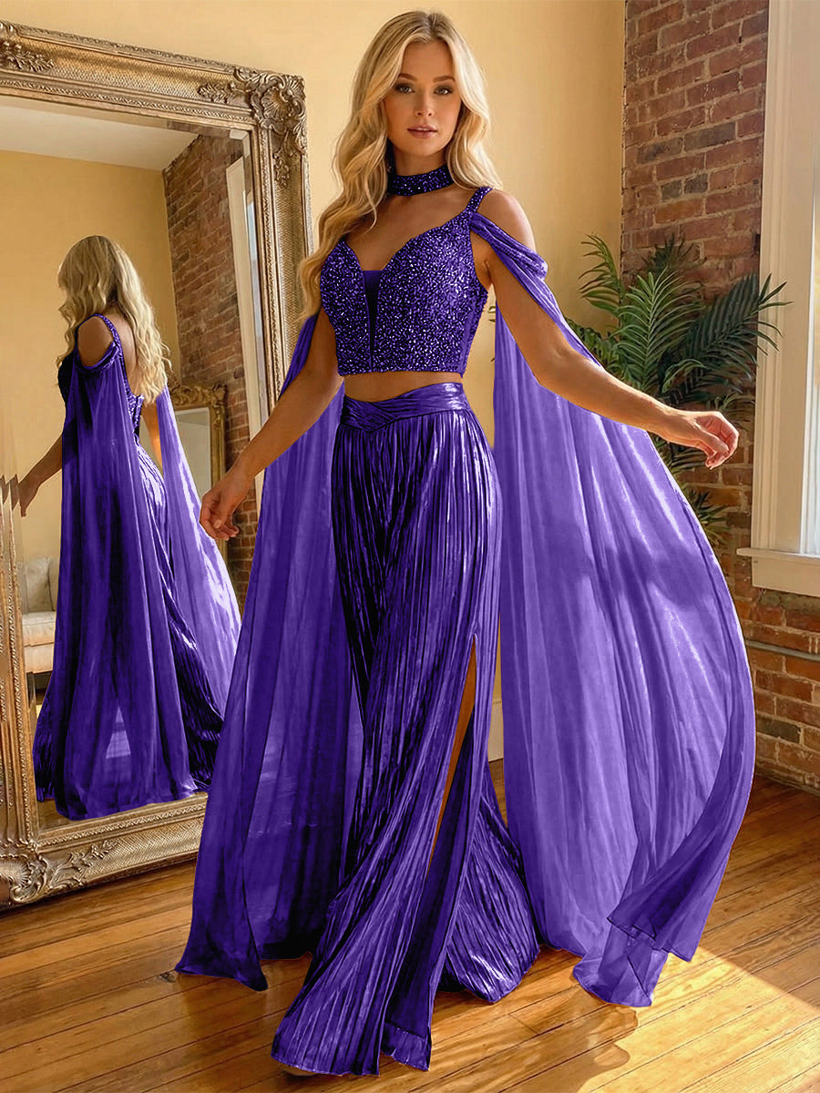 2 Piece Metallic Pantsuits Cold Shoulder Long Elegant Evening Dresses with Cape