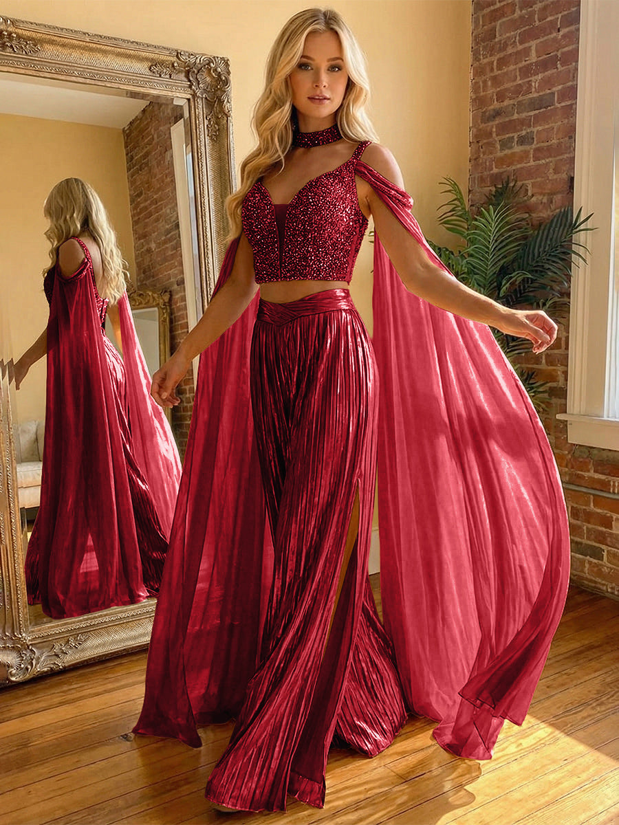 2 Piece Metallic Pantsuits Cold Shoulder Long Elegant Evening Dresses with Cape