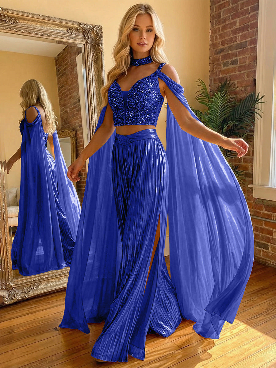 2 Piece Metallic Pantsuits Cold Shoulder Long Elegant Evening Dresses with Cape