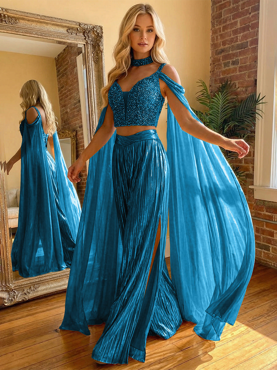 2 Piece Metallic Pantsuits Cold Shoulder Long Elegant Evening Dresses with Cape