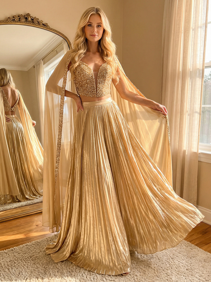 2 Piece Metallic V Neck Floor Length Elegant Formal Evening Dresses with Cape