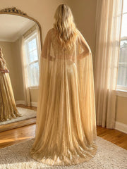 2 Piece Metallic V Neck Floor Length Elegant Formal Evening Dresses with Cape