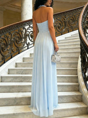 A-Line Halter Ruched Corset Chiffon Floor-Length Formal Dresses