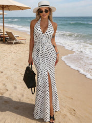 3D Flower Sheath Halter V-Neck Mixed Maxi Formal Dresses with Polka Dot