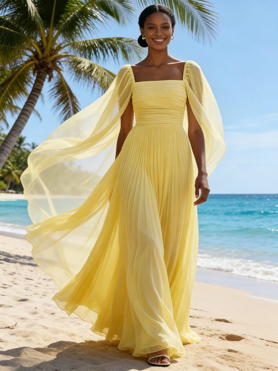 A-Line Pleated Chiffon Square Neck Floor Length Formal Dresses with Drape Sleeve