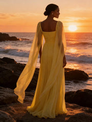 A-Line Pleated Chiffon Square Neck Floor Length Formal Dresses with Drape Sleeve