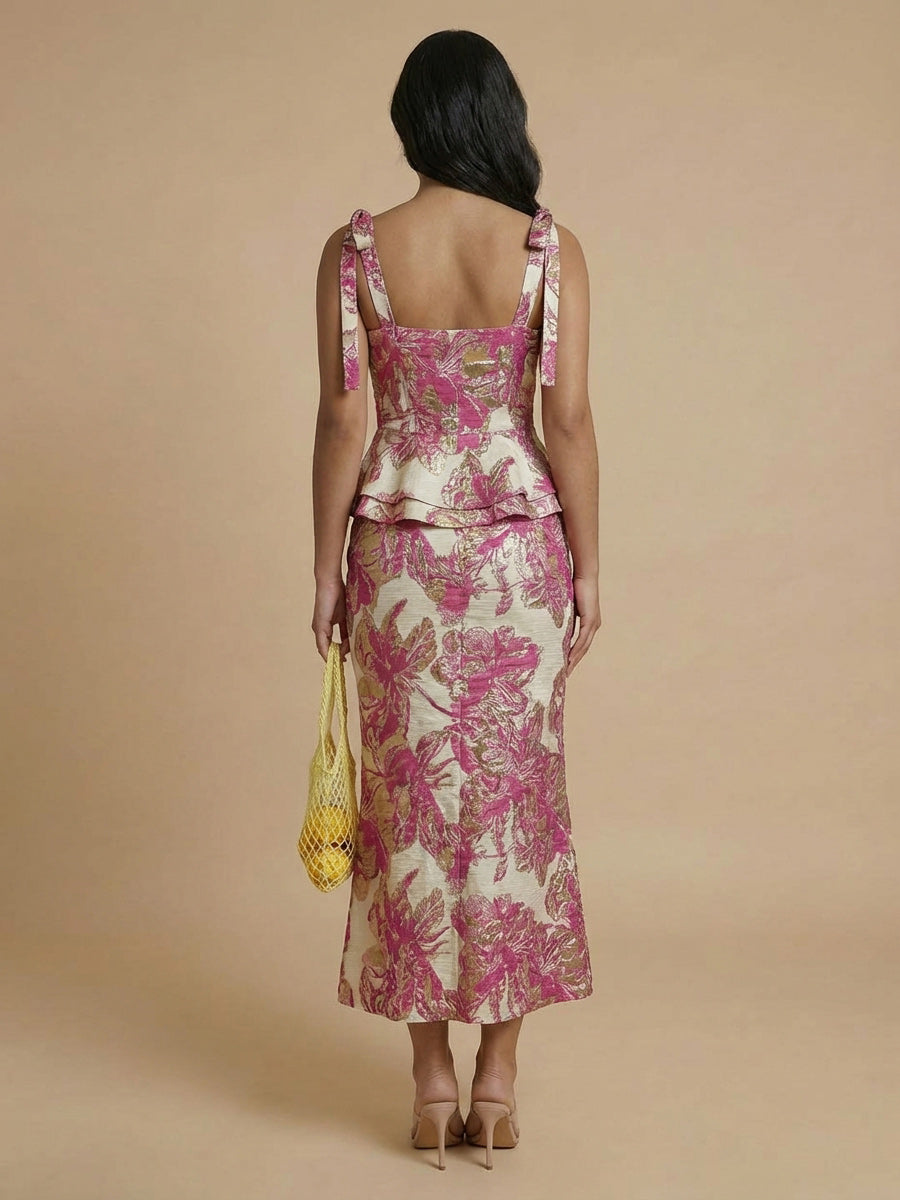 2-Piece Sheath Floral Jacquard Tea-Length Formal Dresses with Peplum Waist & Tie Straps