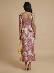 2-Piece Sheath Floral Jacquard Tea-Length Formal Dresses with Peplum Waist & Tie Straps