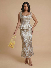 2-Piece Sheath Floral Jacquard Tea-Length Formal Dresses with Peplum Waist & Tie Straps
