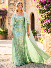2-Piece Sheath Sequin Strapless Floor-Length Formal Dresses with Lightweight Chiffon Duster Coat