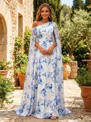 A-Line One Shoulder Floral Print Floor-Length Formal Dresses with Flowy Cape Overlay