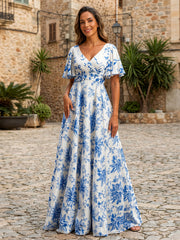 A-Line Floral Print Short Sleeves Floor-Length Formal Dresses with Ruched Waist