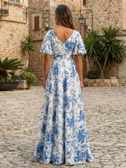 A-Line Floral Print Short Sleeves Floor-Length Formal Dresses with Ruched Waist