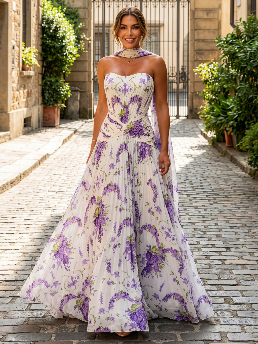 A-Line Floral Print Strapless Pleated Floor-Length Formal Dresses with Sweep Train & Scarf