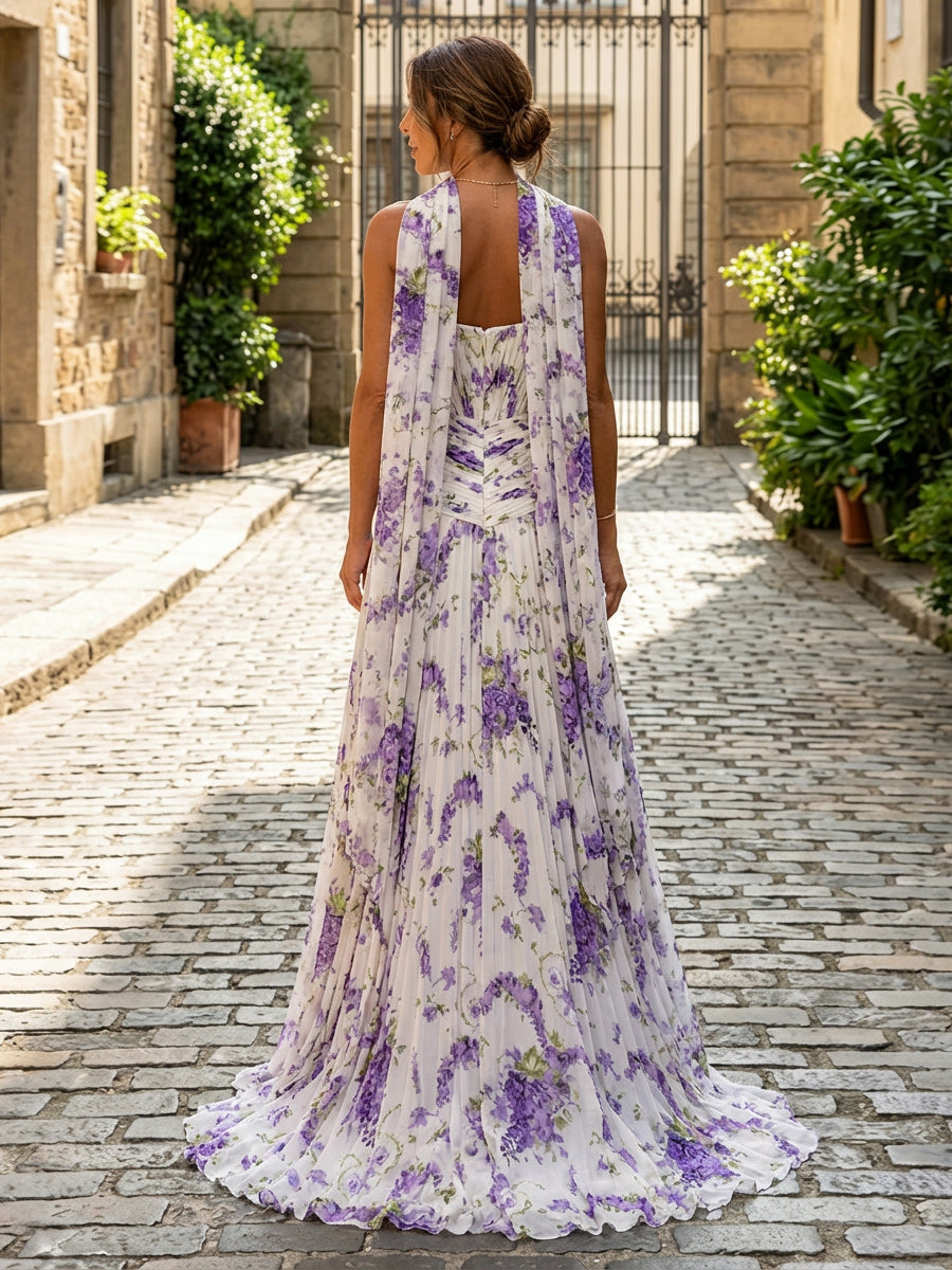 A-Line Floral Print Strapless Pleated Floor-Length Formal Dresses with Sweep Train & Scarf