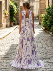 A-Line Floral Print Strapless Pleated Floor-Length Formal Dresses with Sweep Train & Scarf