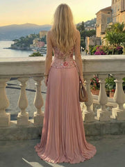 A-Line Halter Chiffon Pleated Floor-Length Formal Dresses with 3D Floral Embellished Mesh Bodice