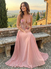 A-Line Halter Chiffon Pleated Floor-Length Formal Dresses with 3D Floral Embellished Mesh Bodice