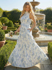 A-Line High Neck Floor-Length Floral Print Formal Dresses with 3D Appliques