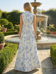 A-Line High Neck Floor-Length Floral Print Formal Dresses with 3D Appliques
