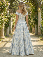 A-Line Floor-Length Jacquard Satin Off Shoulder Formal Dresses Ball Gowns
