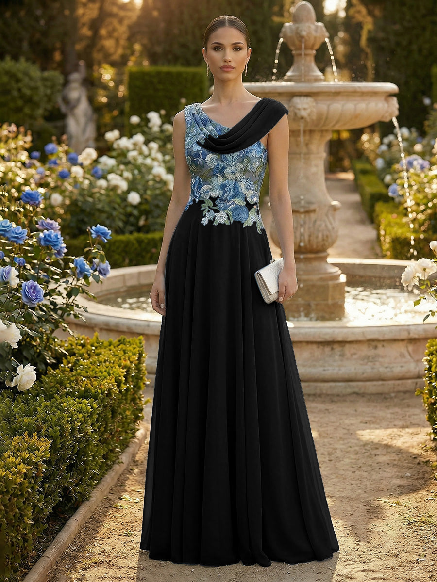 A-Line Pleated Chiffon Floor-Length Evening Dresses with Cowl Neck & Floral Lace Bodice