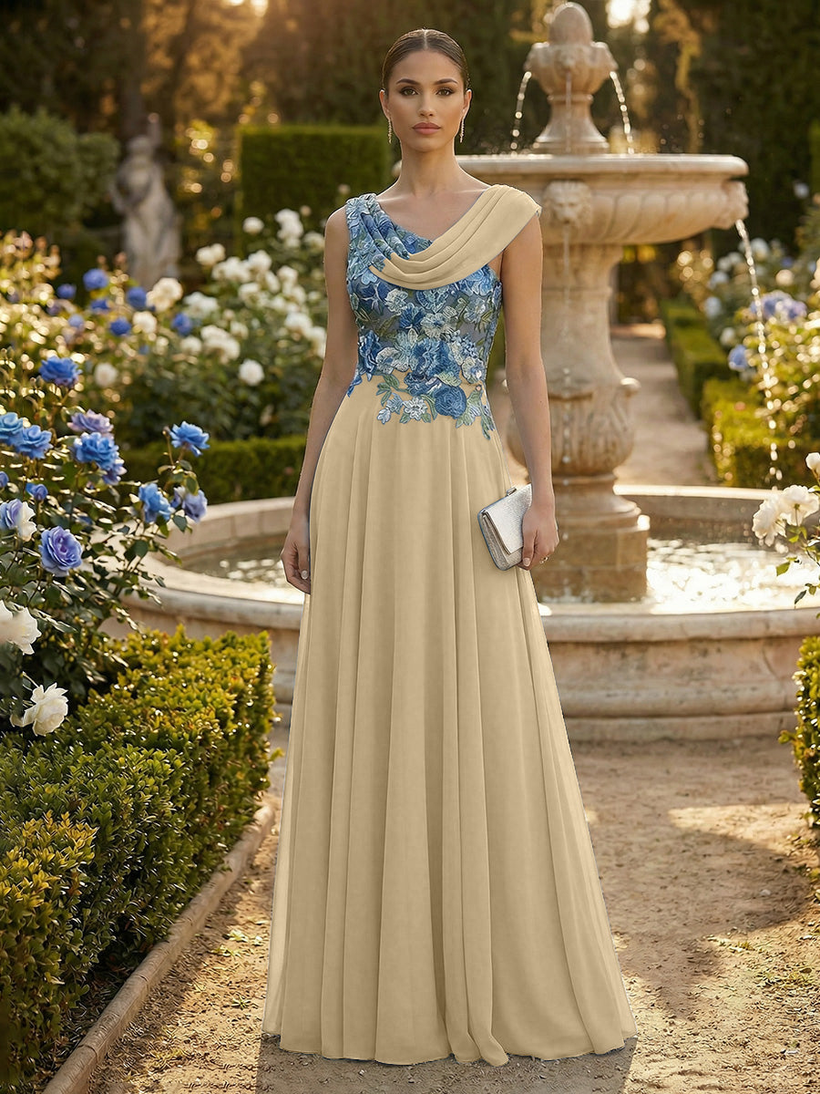 A-Line Pleated Chiffon Floor-Length Evening Dresses with Cowl Neck & Floral Lace Bodice
