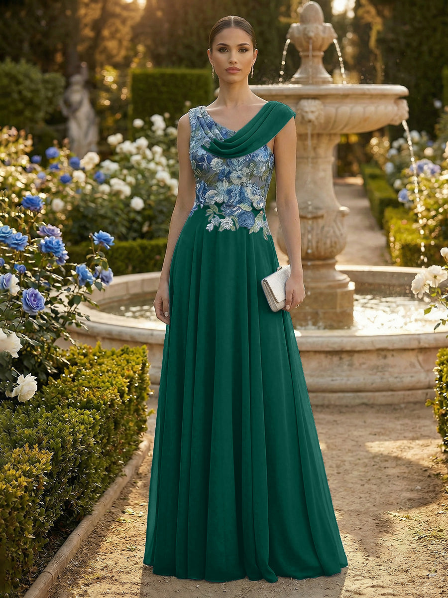 A-Line Pleated Chiffon Floor-Length Evening Dresses with Cowl Neck & Floral Lace Bodice