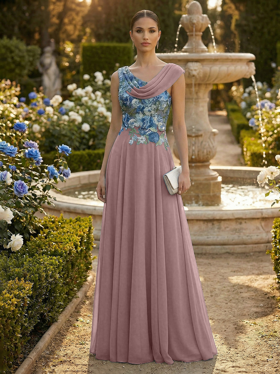 A-Line Pleated Chiffon Floor-Length Evening Dresses with Cowl Neck & Floral Lace Bodice