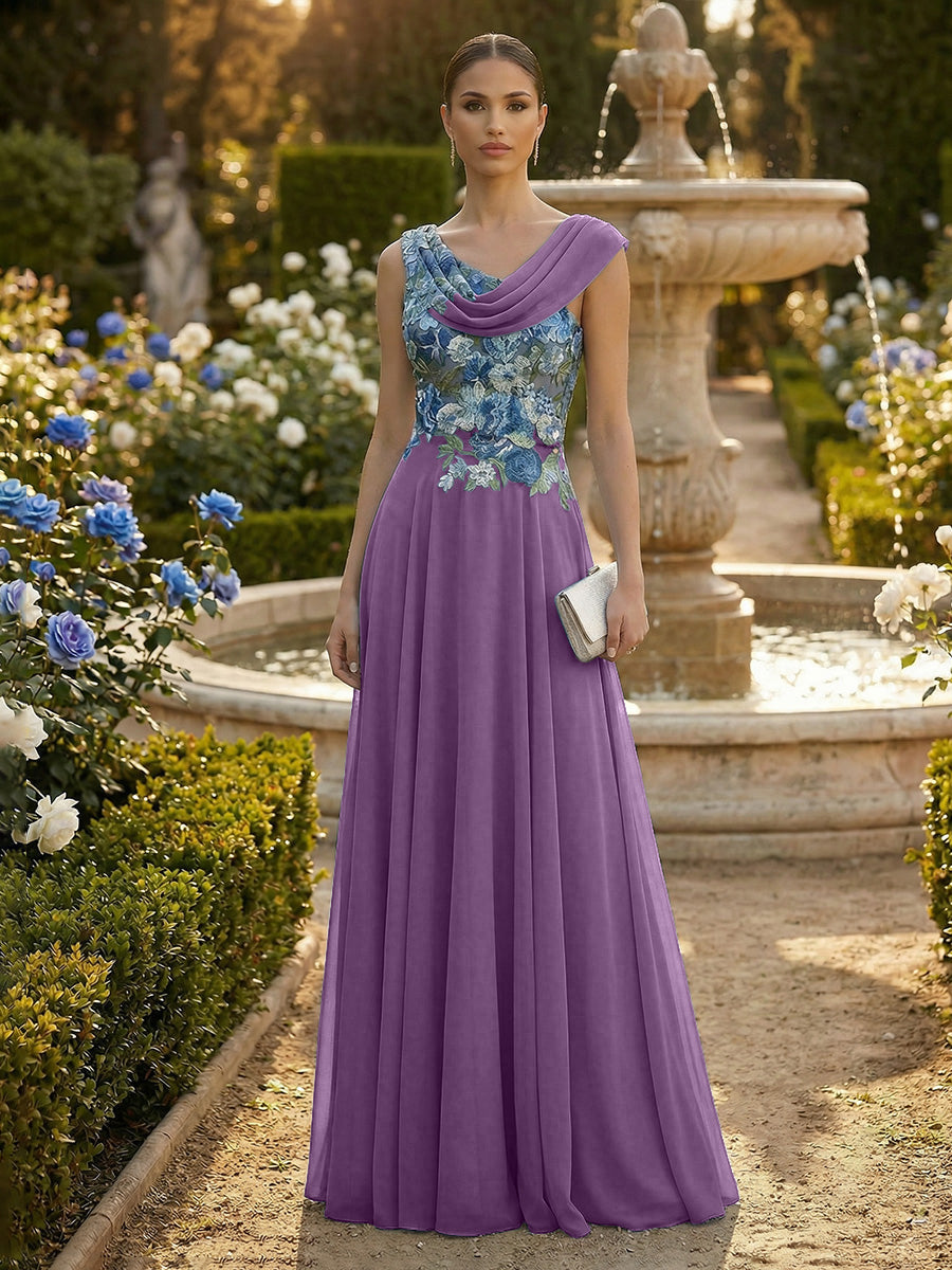 A-Line Pleated Chiffon Floor-Length Evening Dresses with Cowl Neck & Floral Lace Bodice