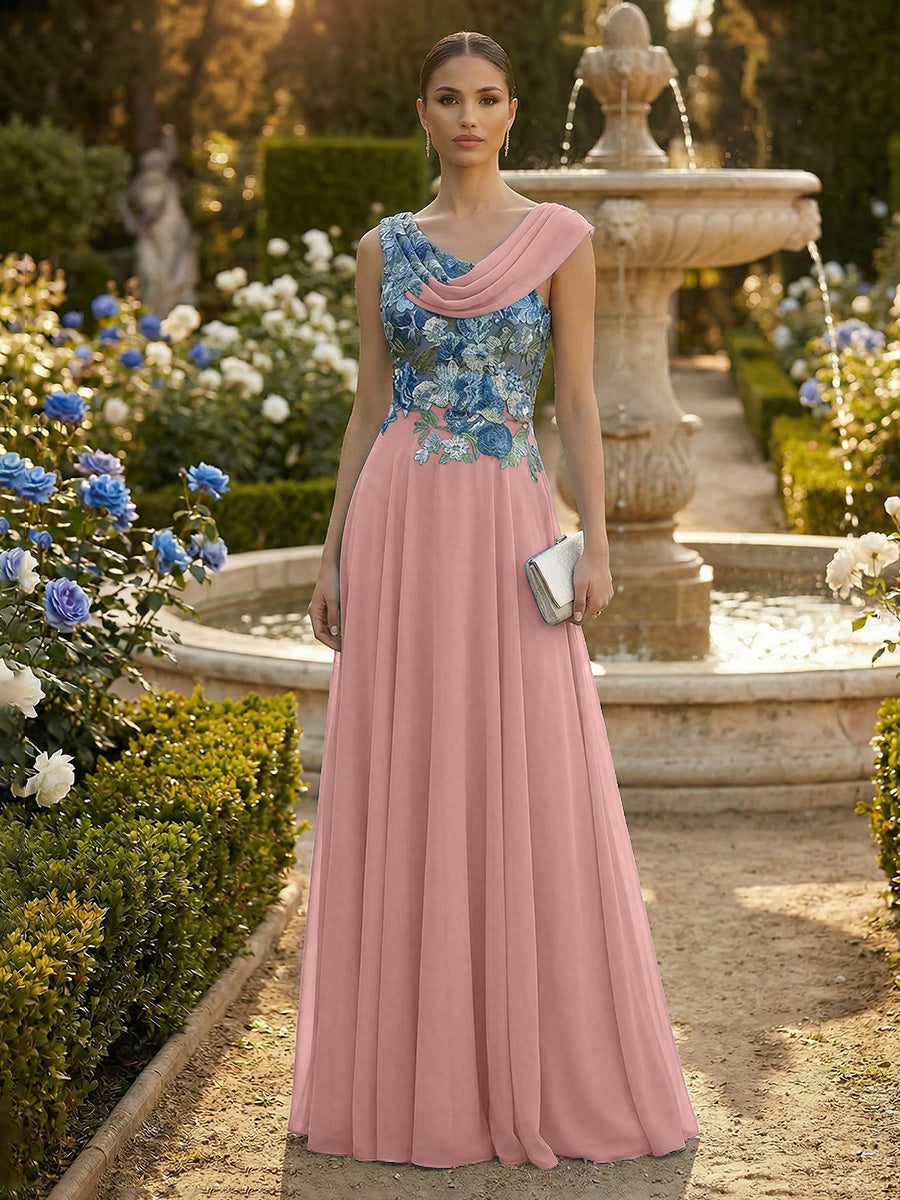 A-Line Pleated Chiffon Floor-Length Evening Dresses with Cowl Neck & Floral Lace Bodice