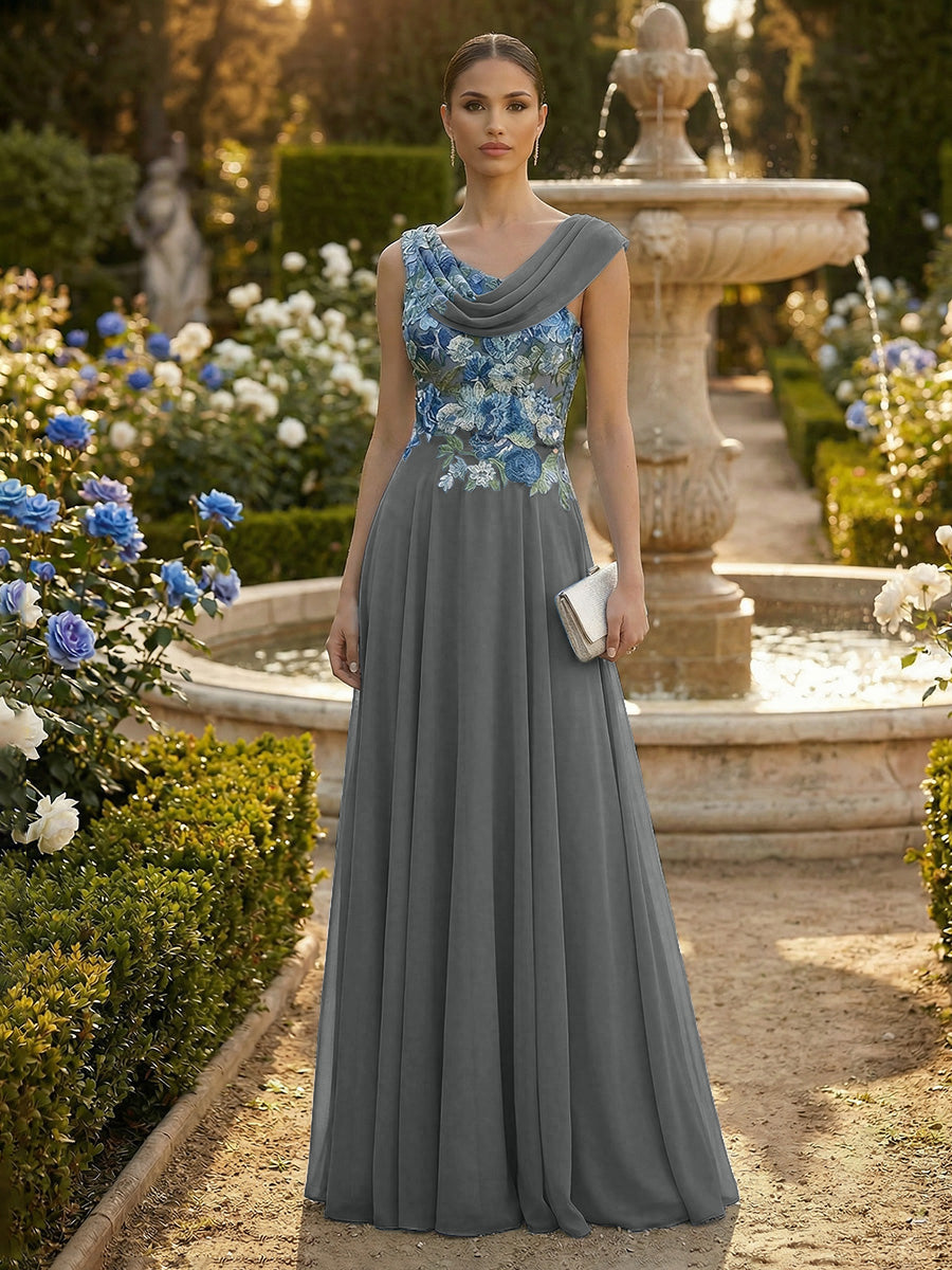 A-Line Pleated Chiffon Floor-Length Evening Dresses with Cowl Neck & Floral Lace Bodice