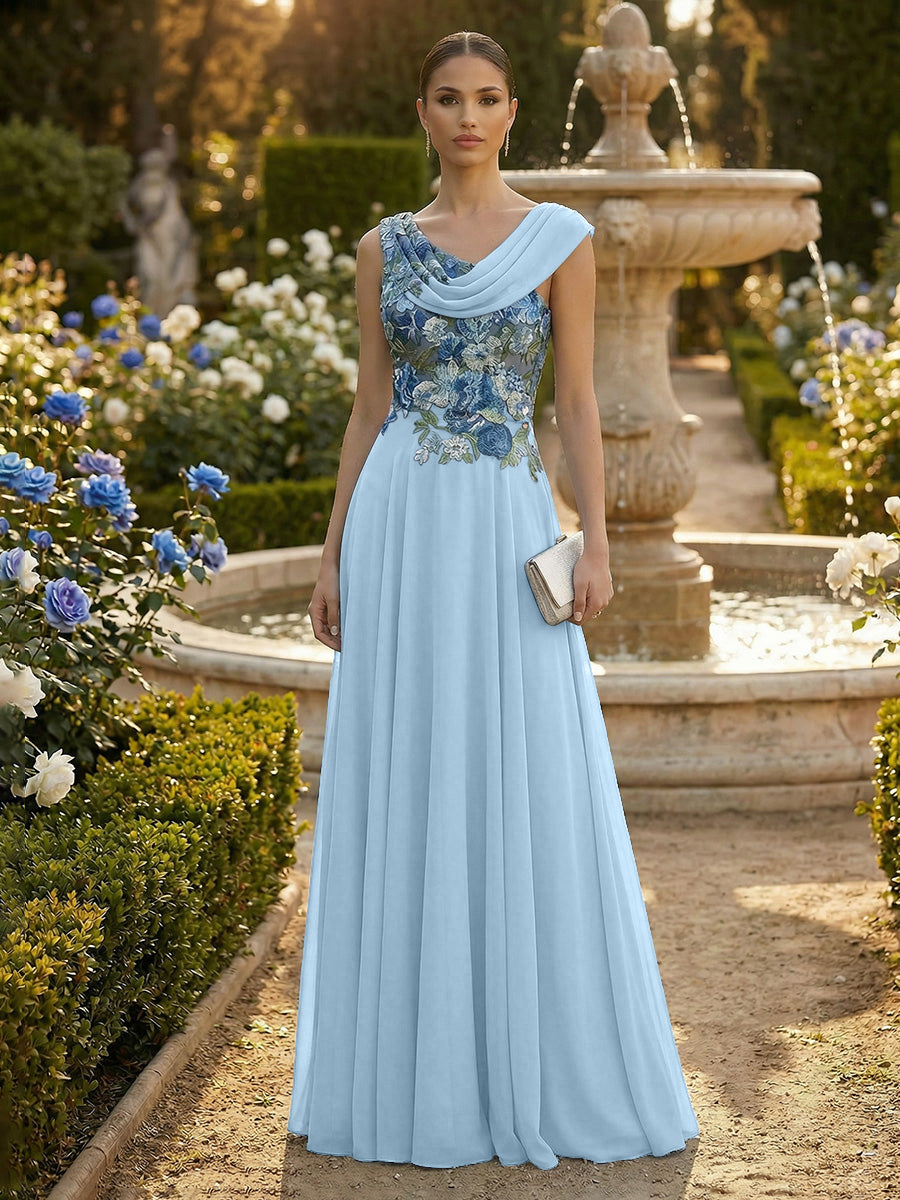 A-Line Pleated Chiffon Floor-Length Evening Dresses with Cowl Neck & Floral Lace Bodice