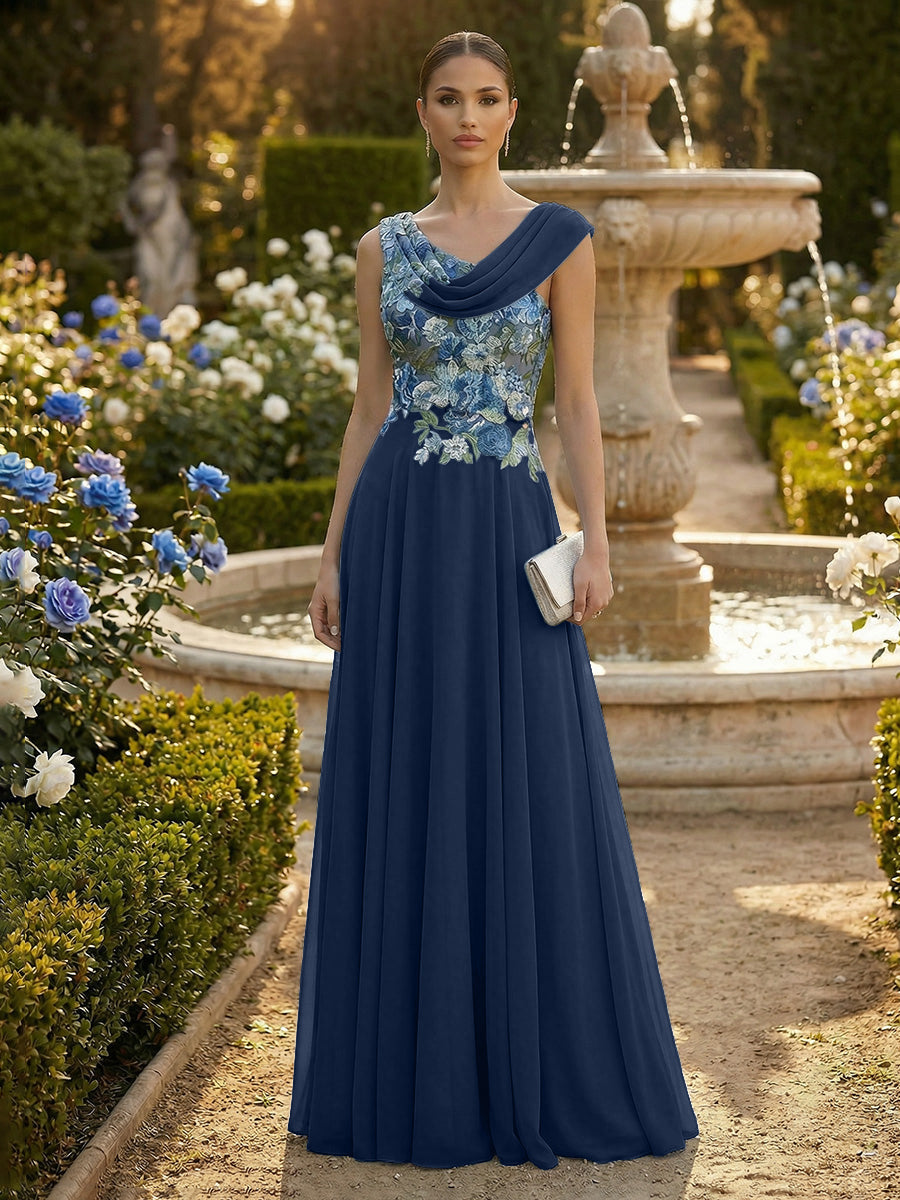 A-Line Pleated Chiffon Floor-Length Evening Dresses with Cowl Neck & Floral Lace Bodice