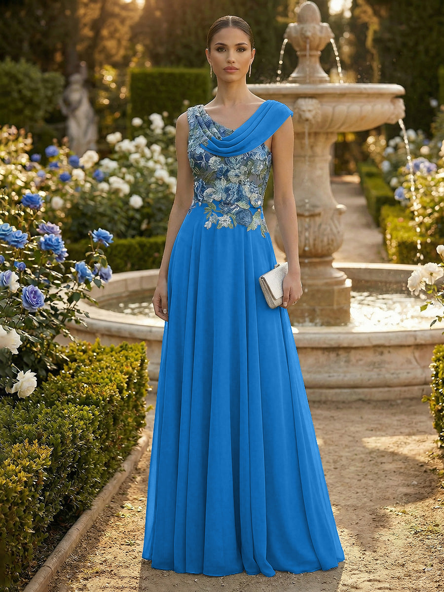 A-Line Pleated Chiffon Floor-Length Evening Dresses with Cowl Neck & Floral Lace Bodice