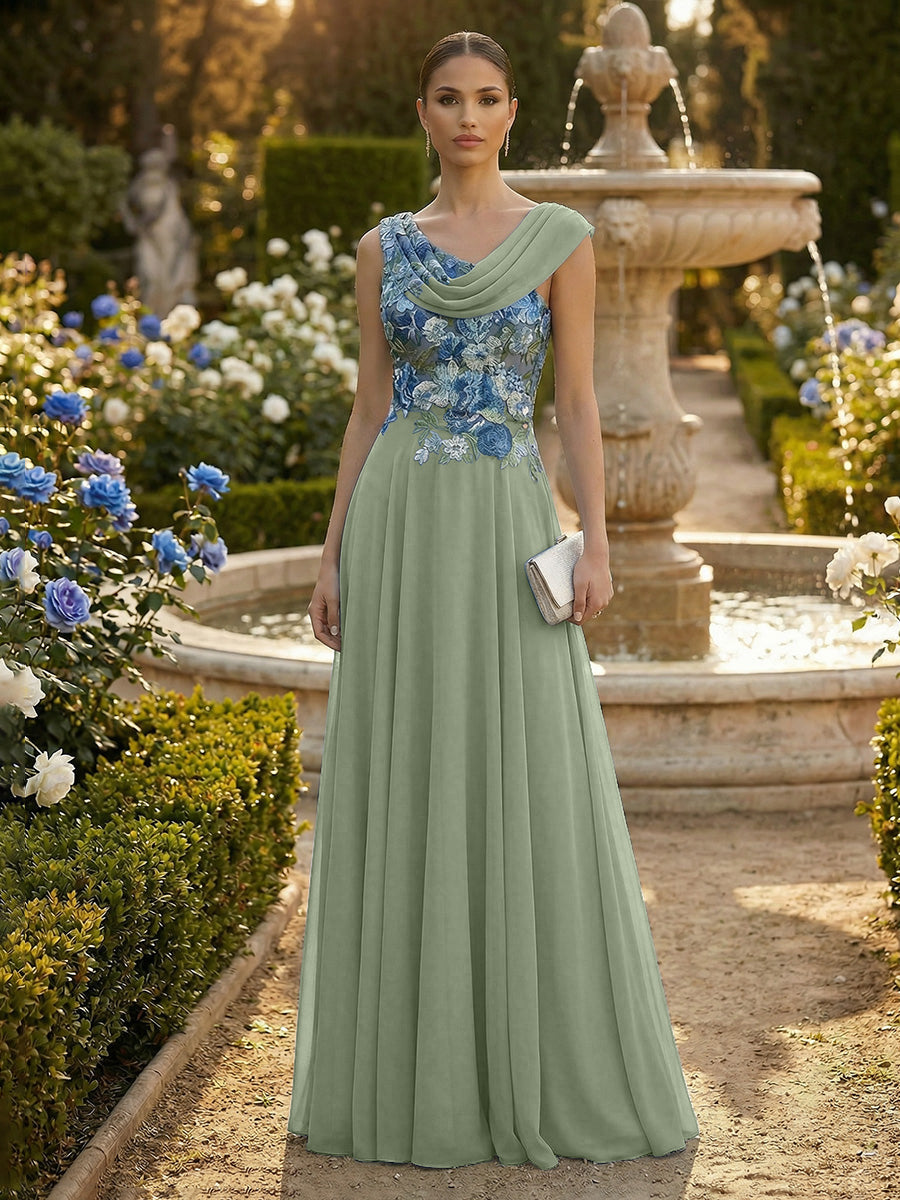 A-Line Pleated Chiffon Floor-Length Evening Dresses with Cowl Neck & Floral Lace Bodice